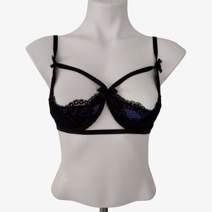 Yandy Black and Blue Strappy Lace and Mesh Underwire Shelf Bra Size S/M